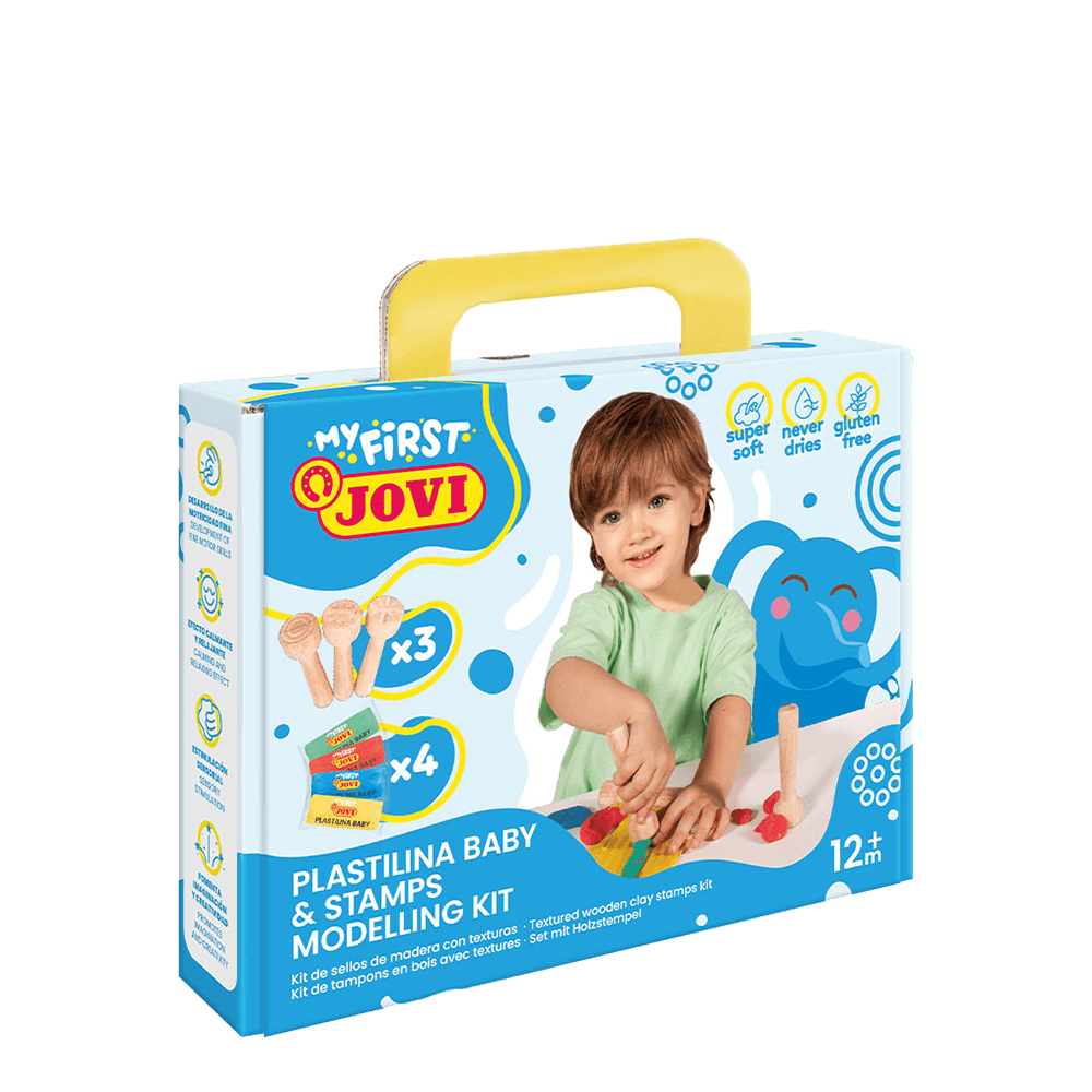 JOVI ΠΛΑΣΤΕΛΙΝΗ 4 ΧΡΩΜΑΤΑ 38gr & ΣΦΡΑΓΙΔΑ ΞΥΛΙΝΗ 3 ΤΕΜΑΧΙΑ ΧΑΡΤΙΝΟ ΚΟΥΤΙ 1+ MY FIRST