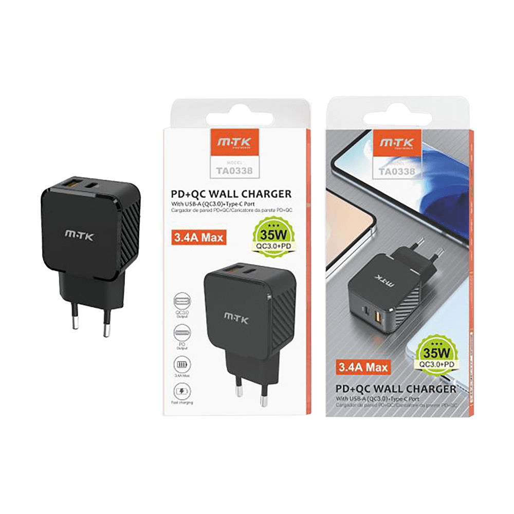 MTK ΦΟΡΤΙΣΤΗΣ ΧΩΡΙΣ ΚΑΛΩΔΙΟ 3.4Α/ 35W 1 USB TYPE A & 1TYPE C ΜΑΥΡΟΣ