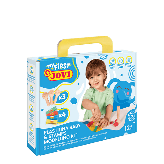 JOVI ΠΛΑΣΤΕΛΙΝΗ 4 ΧΡΩΜΑΤΑ 38gr & ΣΦΡΑΓΙΔΑ ΞΥΛΙΝΗ 3 ΤΕΜΑΧΙΑ ΧΑΡΤΙΝΟ ΚΟΥΤΙ 1+ MY FIRST