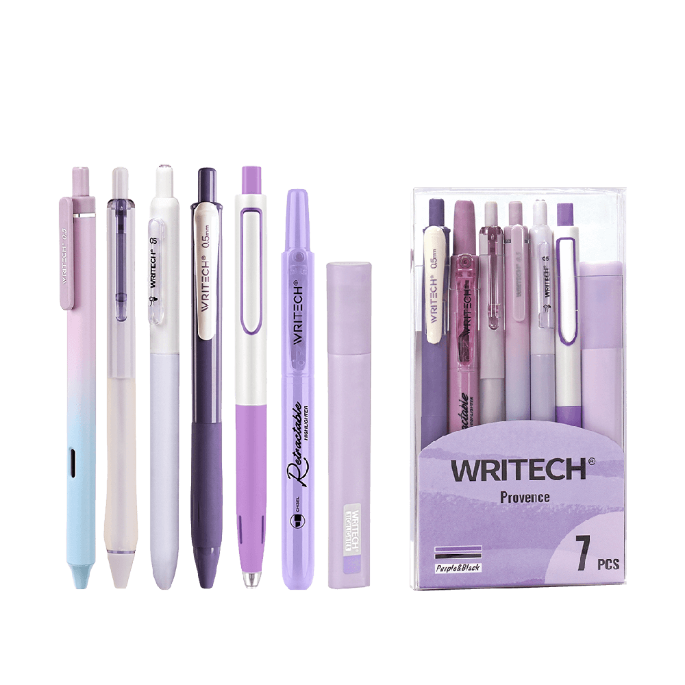 WRITECH ΣΤΥΛΟ GEL & ΜΑΡΚΑΔΟΡΟΣ ΥΠΟΓΡΑΜΜΙΣΗΣ ΣΕΤ 7 ΤΕΜΑΧΙΩΝ WRITING SET ΜΩΒ & ΜΑΥΡΟ