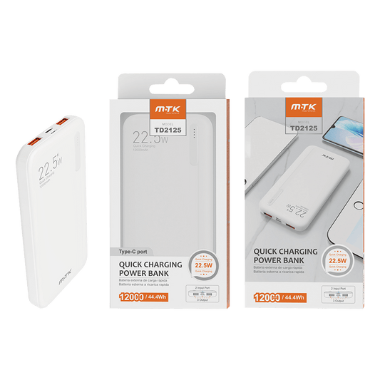 MTK POWER BANK 12000mAh/44.4Wh 2USB MICRO USB/TYPE C ΛΕΥΚΟ