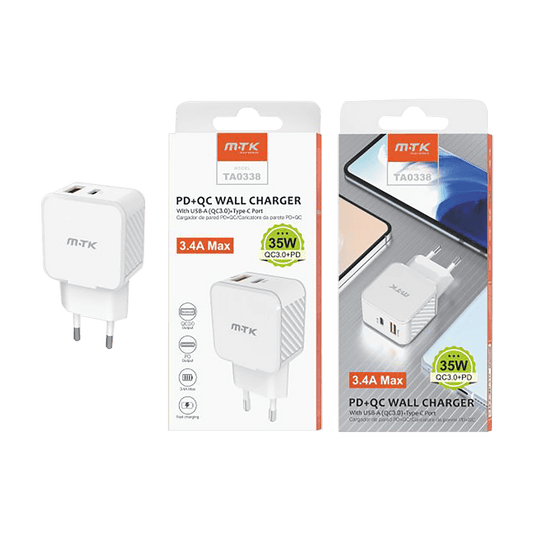 MTK ΦΟΡΤΙΣΤΗΣ ΧΩΡΙΣ ΚΑΛΩΔΙΟ 3.4 Α/ 35W 1 USB TYPE A & 1 TYPE C ΛΕΥΚΟΣ