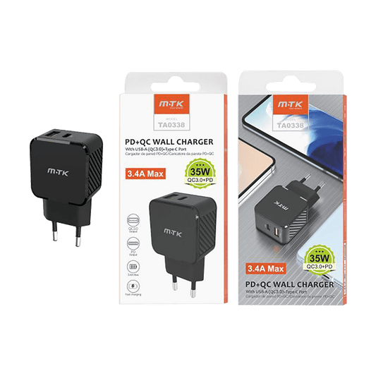 MTK ΦΟΡΤΙΣΤΗΣ ΧΩΡΙΣ ΚΑΛΩΔΙΟ 3.4Α/ 35W 1 USB TYPE A & 1TYPE C ΜΑΥΡΟΣ